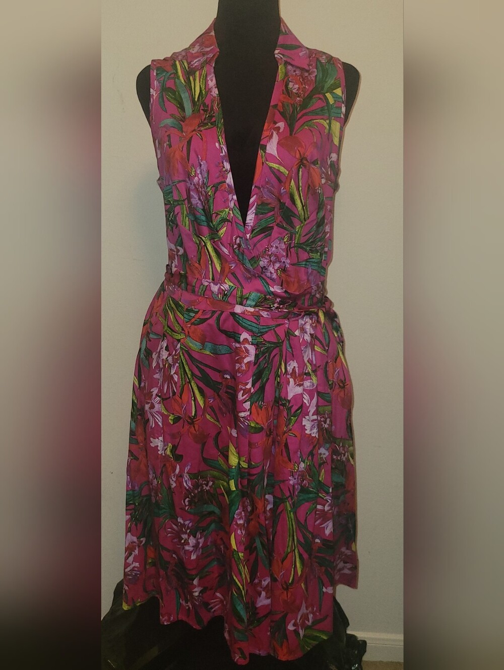 Pink Tropical-Print Sleeveless Wrap Maxi Dress with Waist Tie